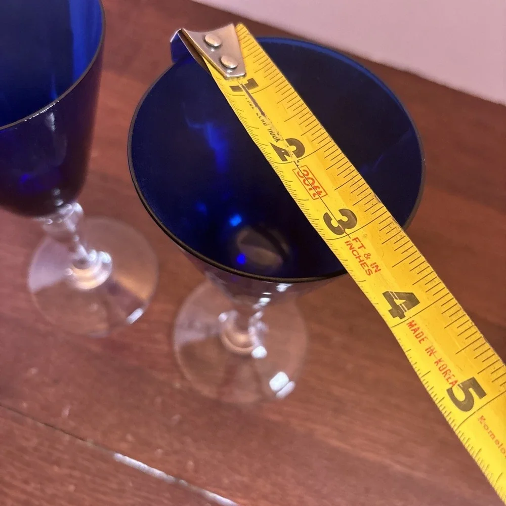 Vintage Hand Blown Cobalt Blue With Clear Stem  Water Wine Glass Set Of‎ 2